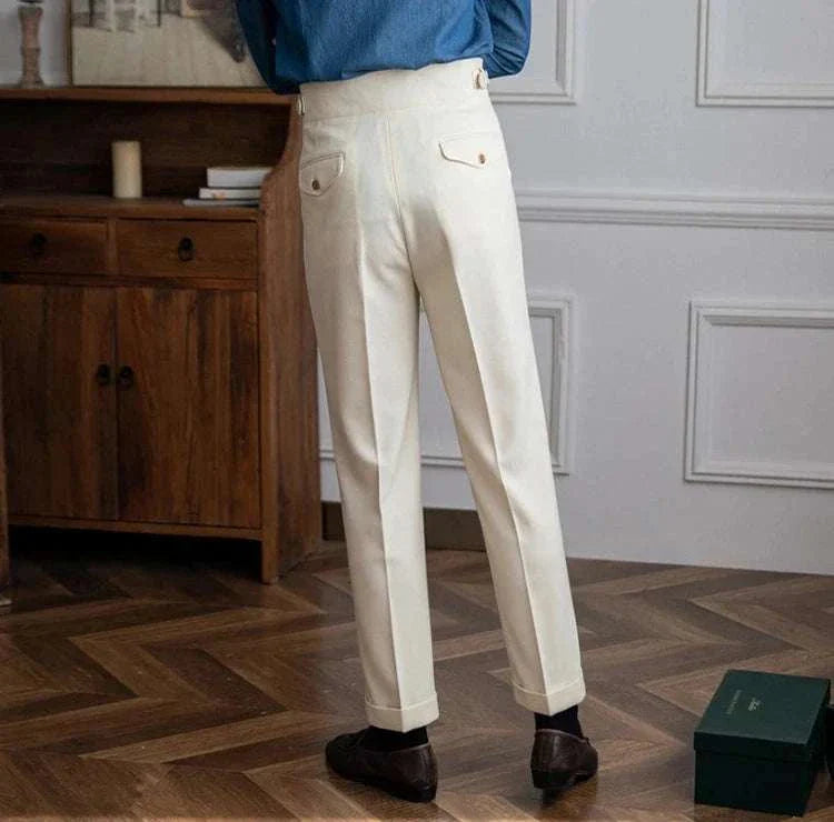 Cold season straight trousers for men in cozy polyester, solid pattern.