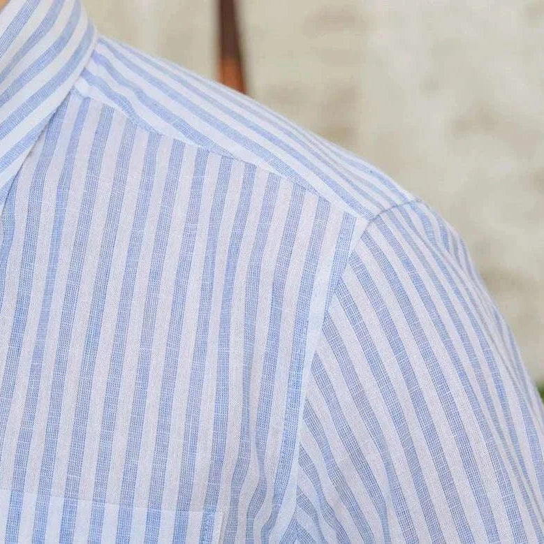 Antonios business striped long-sleeve shirt in cotton-linen blend featuring blue and white stripes.