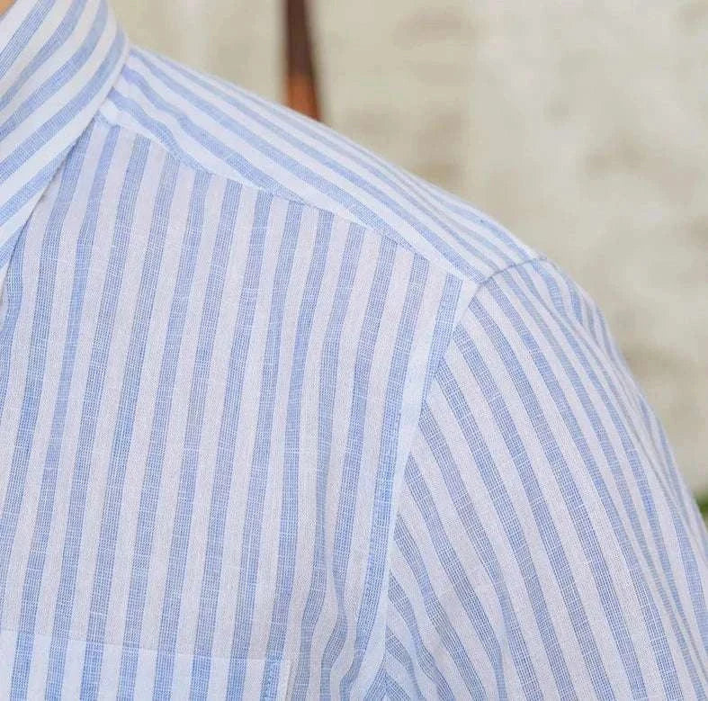 Antonios business striped long-sleeve shirt in cotton-linen blend featuring blue and white stripes.