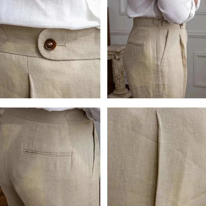 Lightweight Italian high-waist linen trousers for men, showcasing smart casual style and elegant design.