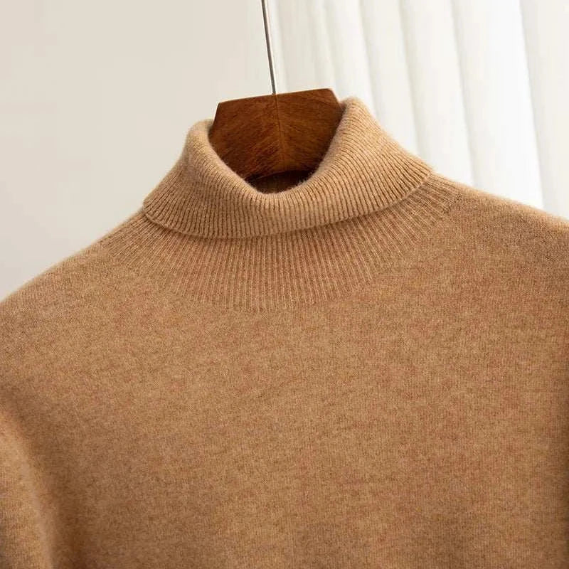 Men's business wool turtleneck sweater, beige color, high-quality autumn/winter wear.
