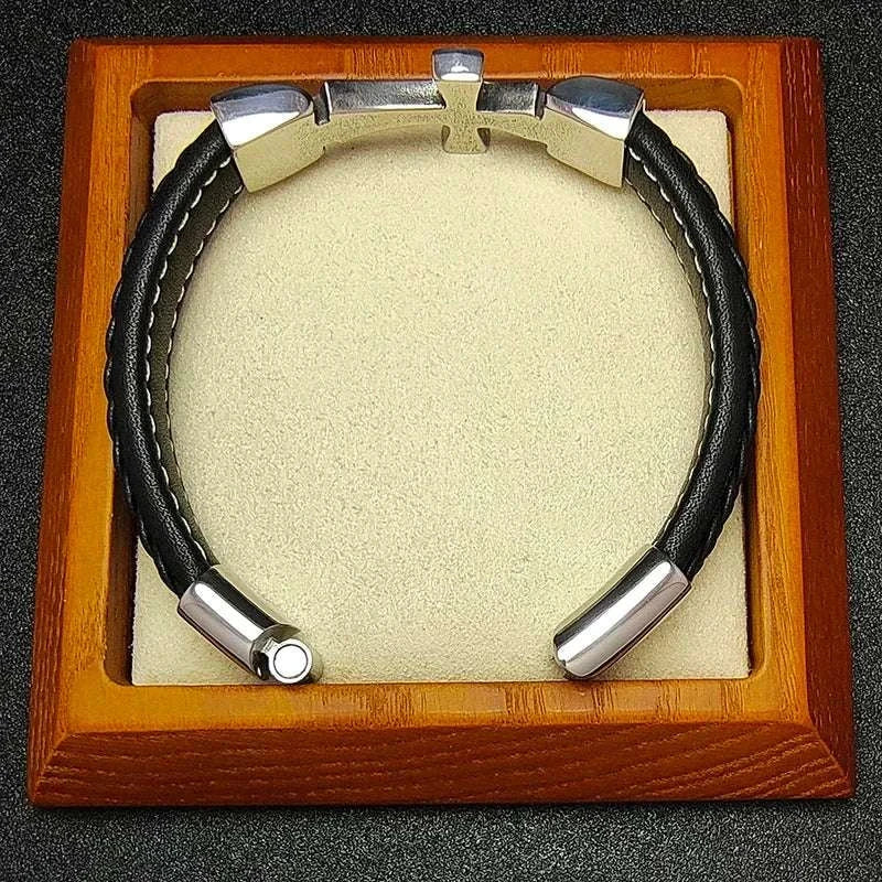 Cross casual leather bracelet with stainless steel clasp in wooden box.