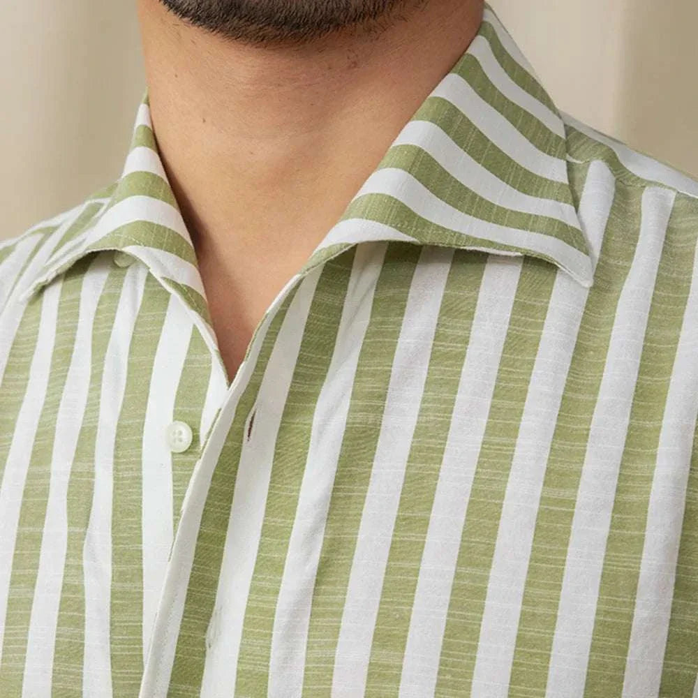Business striped white summer shirt with elegant white stripes, ideal for all-season professional wear.