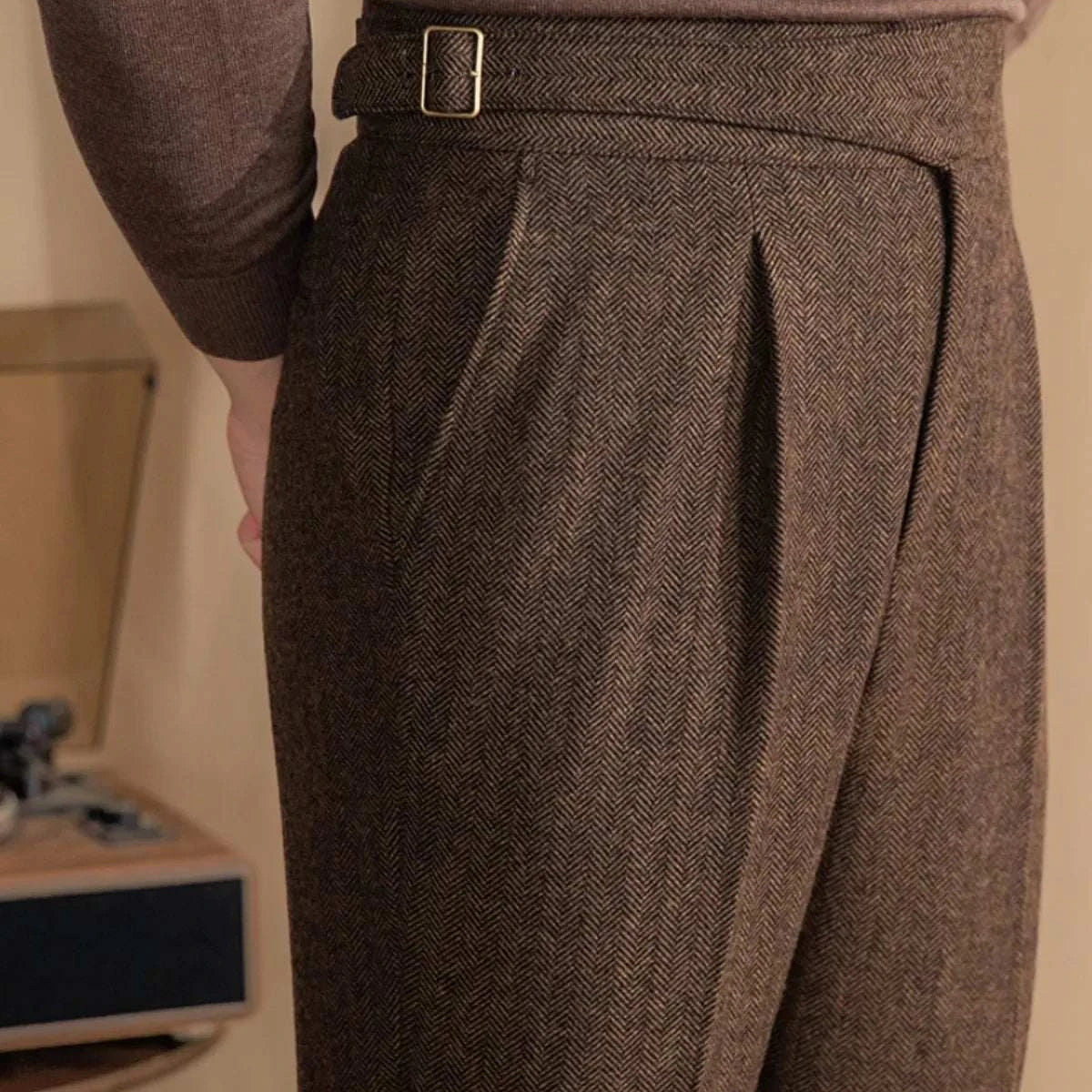 Antonios vintage wool herringbone pants in smart casual style, full-length.