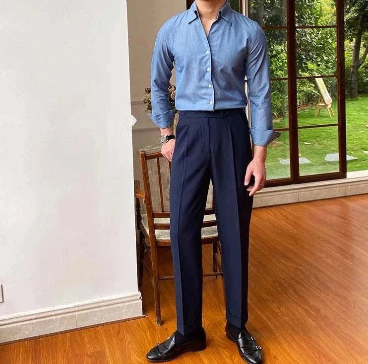 Antonios British casual shirt for men, polyester fabric, classic collar, solid pattern, stylish and elegant.