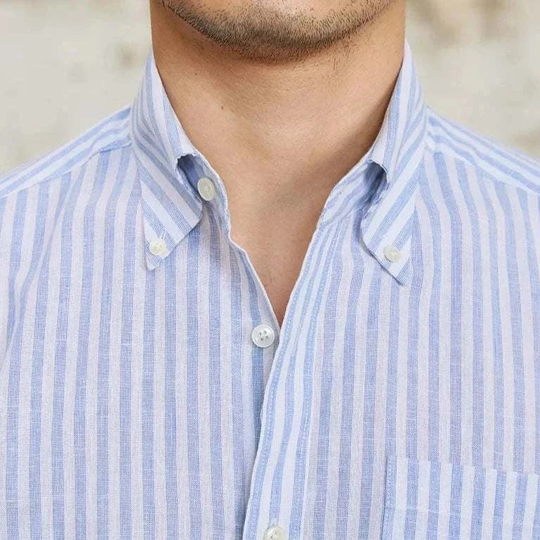 Antonios business striped long-sleeve shirt in blue and white, featuring a button-down collar.