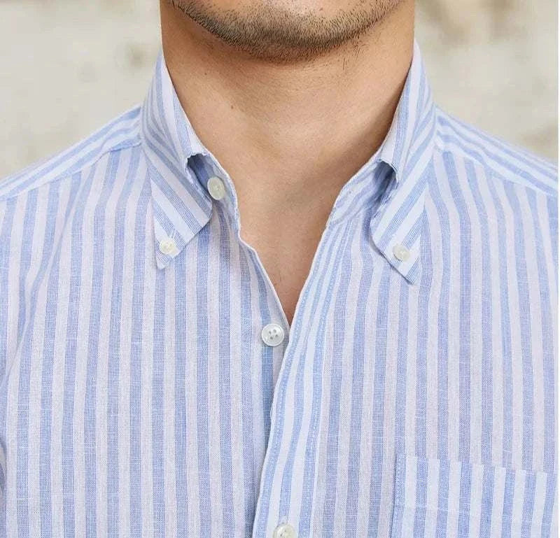 Antonios business striped long-sleeve shirt in blue and white, featuring a button-down collar.
