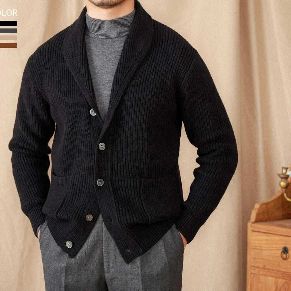 Men's autumn old money cardigan in black wool, cozy and stylish fall fashion.