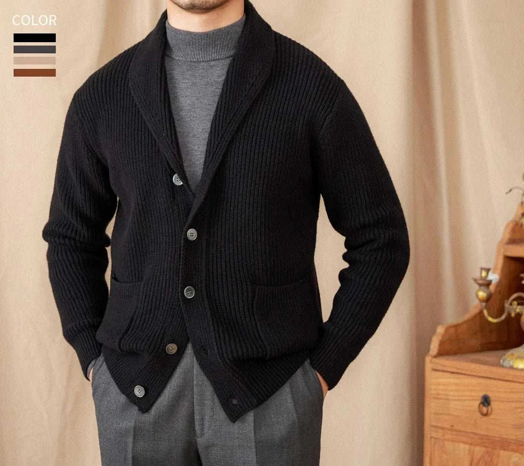 Men's autumn old money cardigan in black wool, cozy and stylish fall fashion.