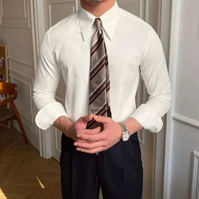 Men's business collar long sleeve shirt, elegant and breathable for office or casual wear.