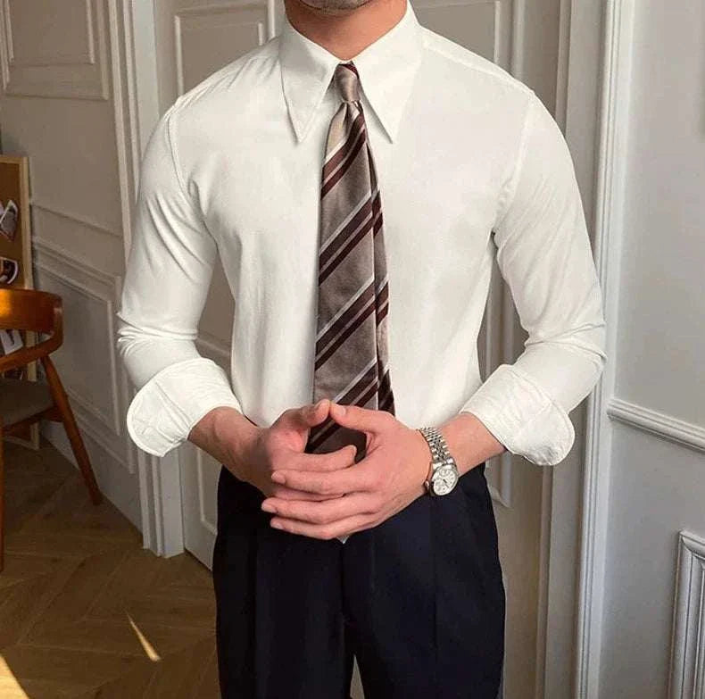 Men's business collar long sleeve shirt, elegant and breathable for office or casual wear.