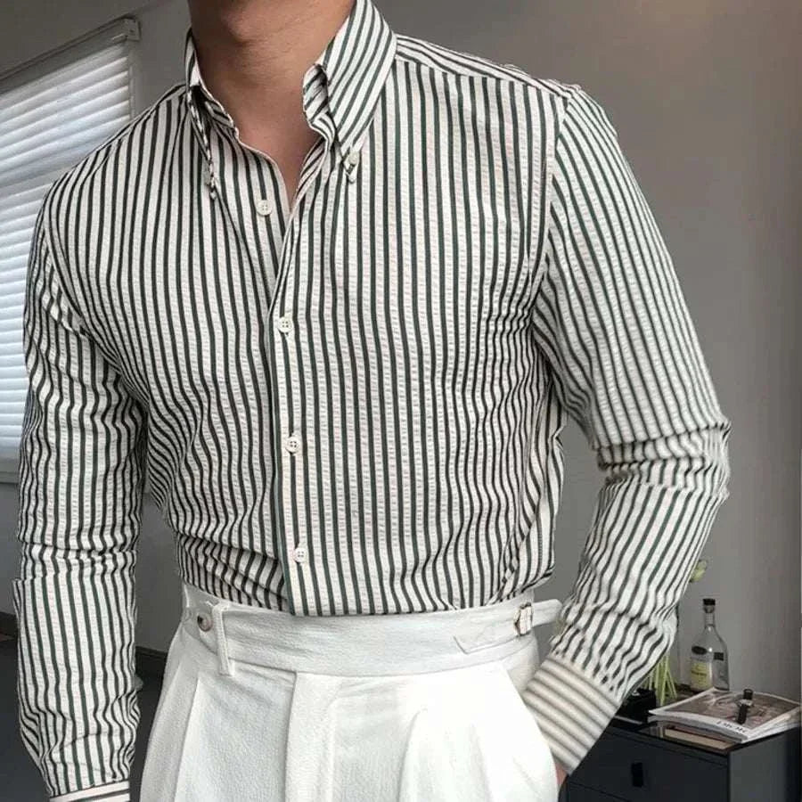 Antonios formal striped long sleeve shirt on a person.