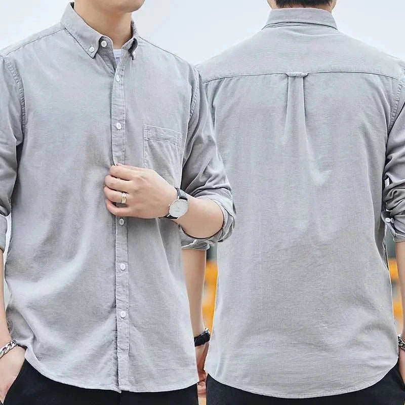 Summer loose style long-sleeve shirt, 100% cotton, gray, front and back view.