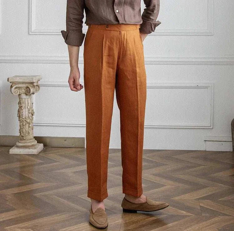 Lightweight Italian high-waist trousers in solid linen for men, perfect for casual or smart casual wear.