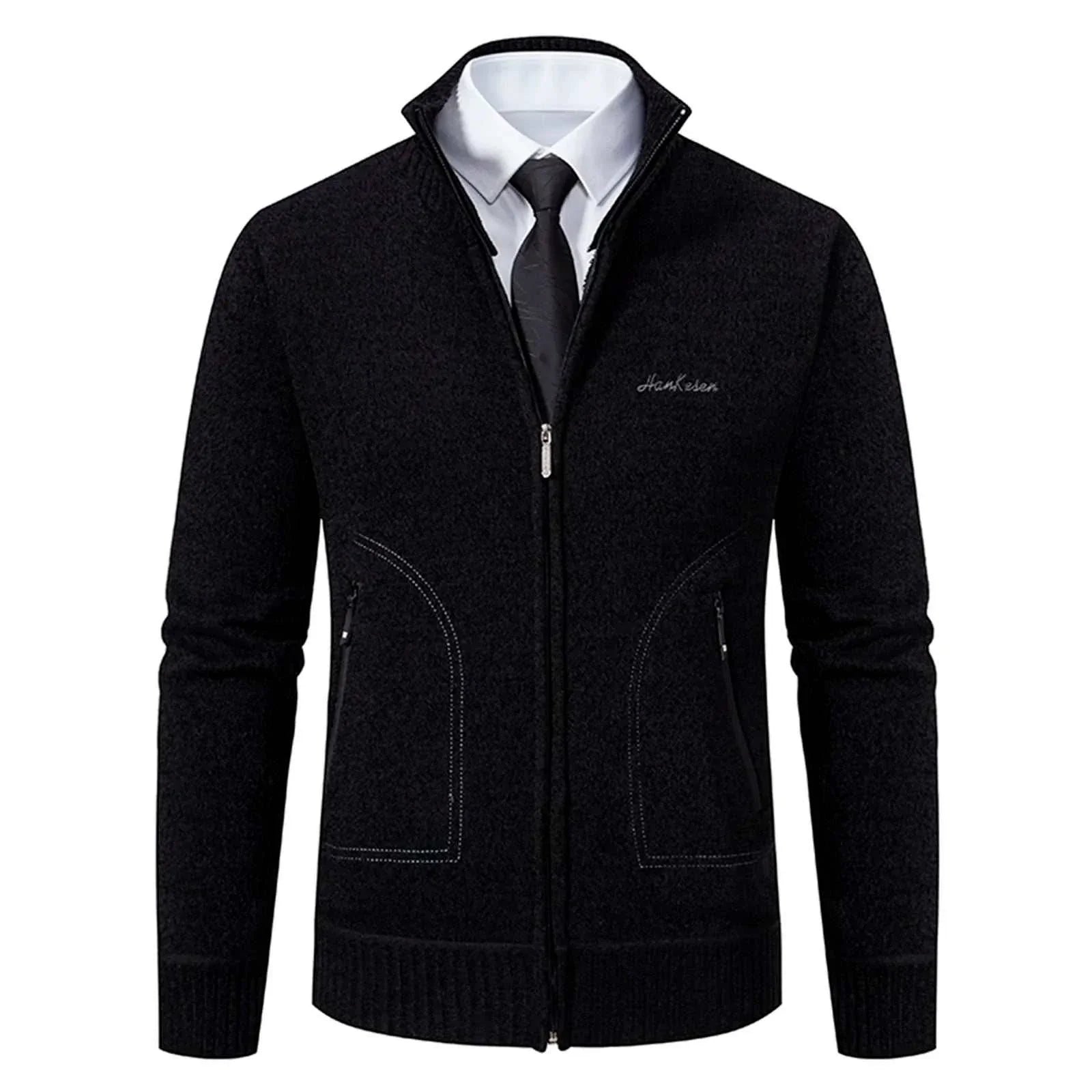 Men's stand collar sweater with zipper, black, polyester, for autumn/winter.