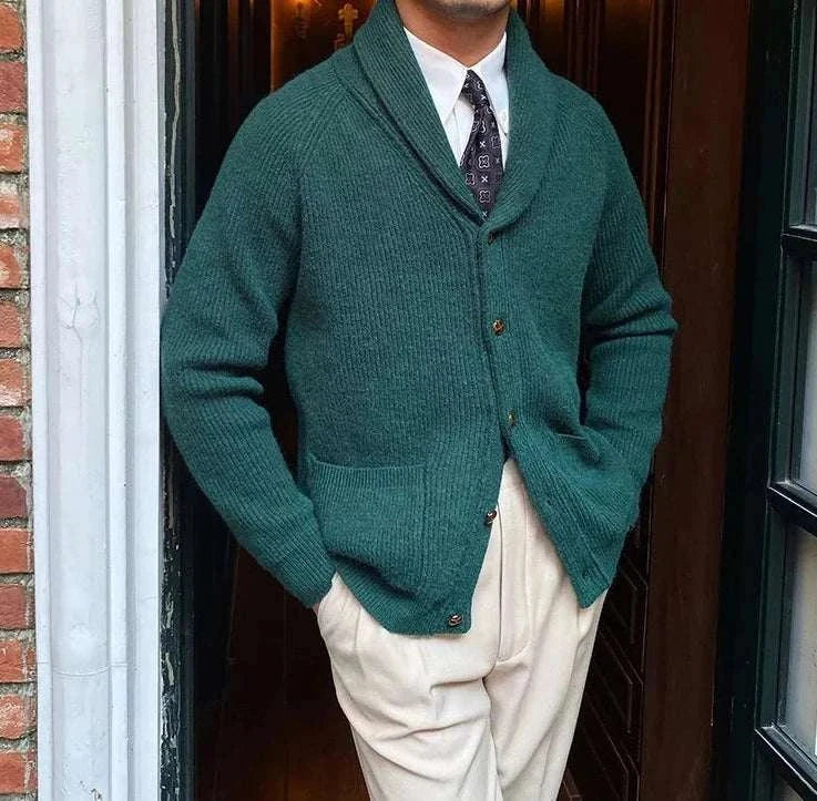 Oxford premium cardigan in dark green, men's casual elegant style, lightweight polyester fabric.