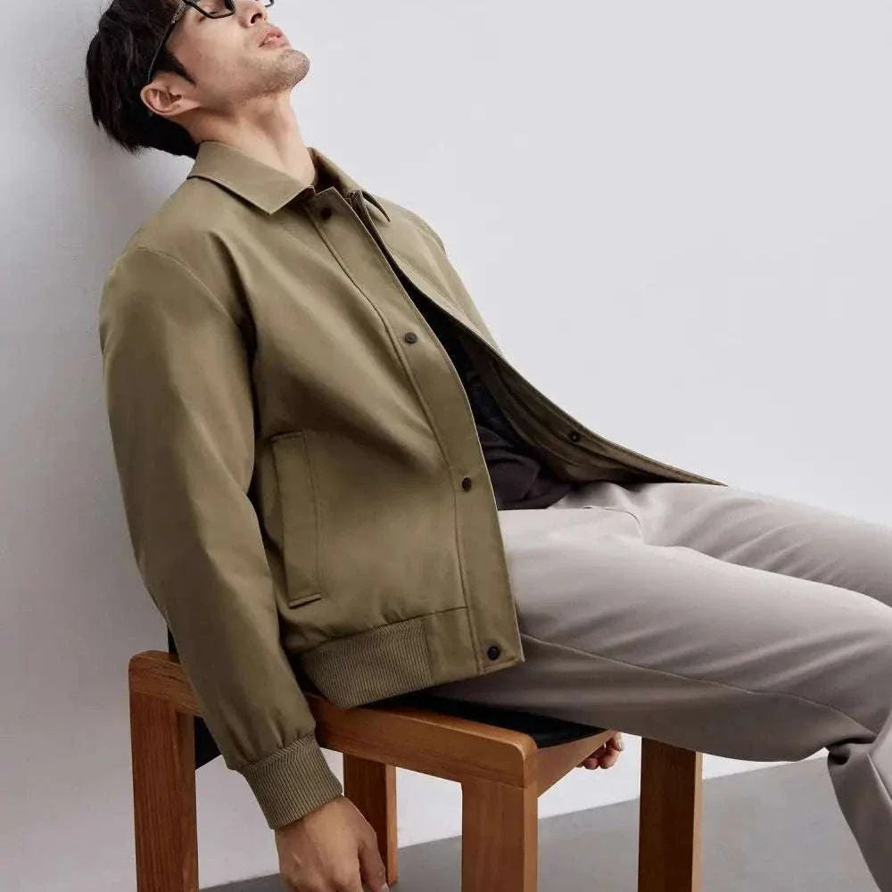 Korean bomber winter jacket on model, casual fit.