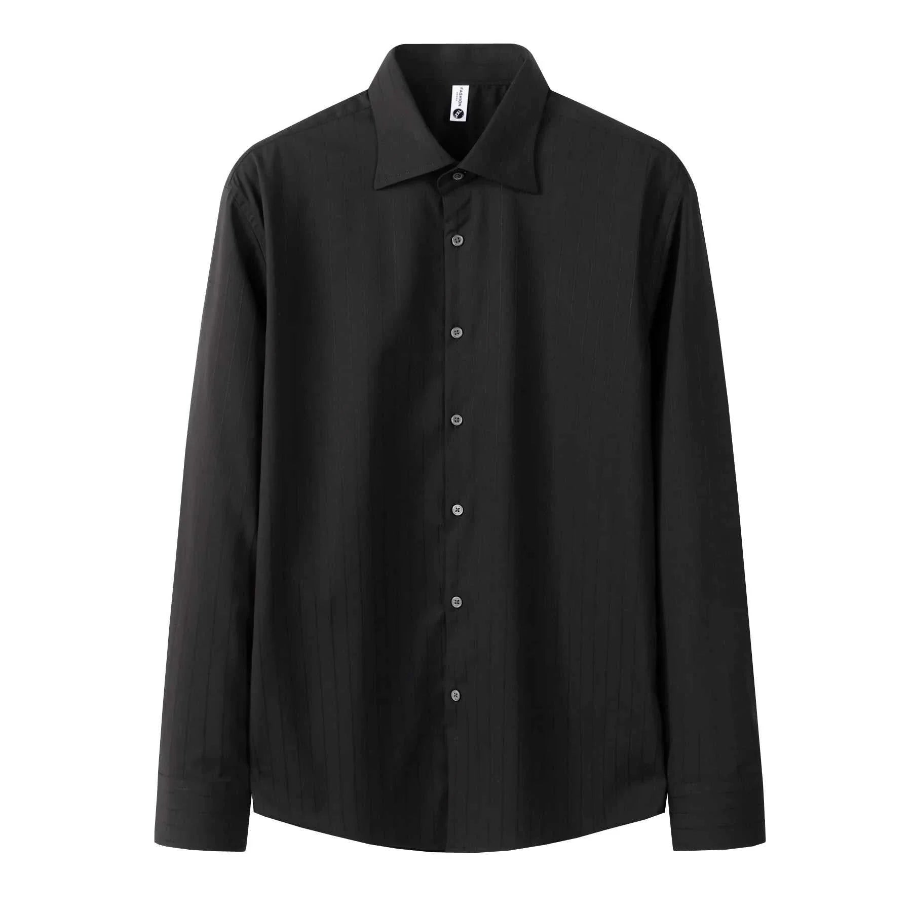 Italian design men's summer casual shirt in solid black with long sleeves.