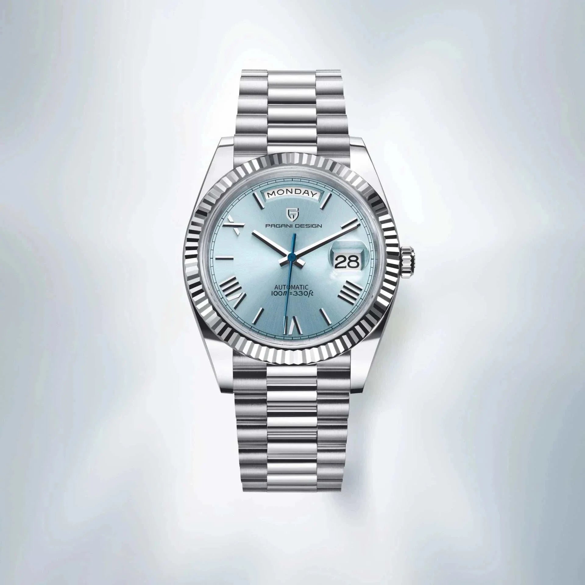 Business stainless steel classic watch with complete calendar and water resistance.