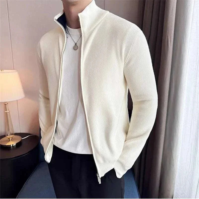 Men's cold season knit zipper sweater in white, casual elegant style.