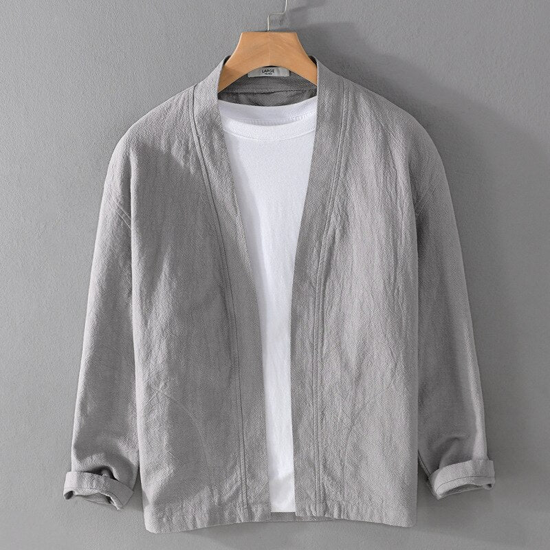 Antonios Linen Long-Sleeved Shirt in gray, lightweight linen-cotton blend, displayed on a hanger.