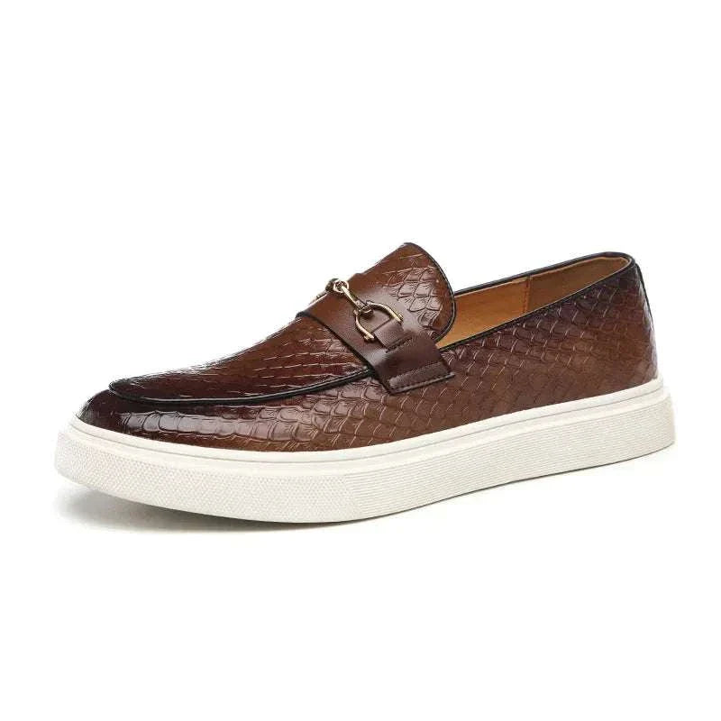 Embossed casual loafers in brown with non-slip rubber outsole and elegant design.