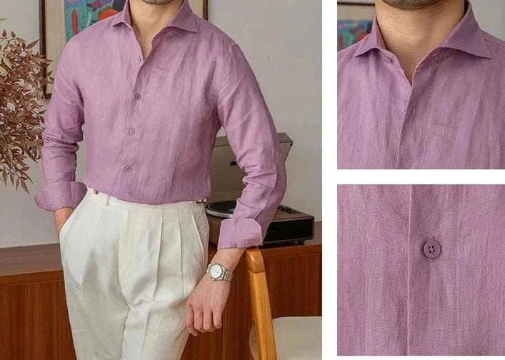 Lightweight linen long-sleeve shirt in lavender, button-down style, worn by a man with beige pants.