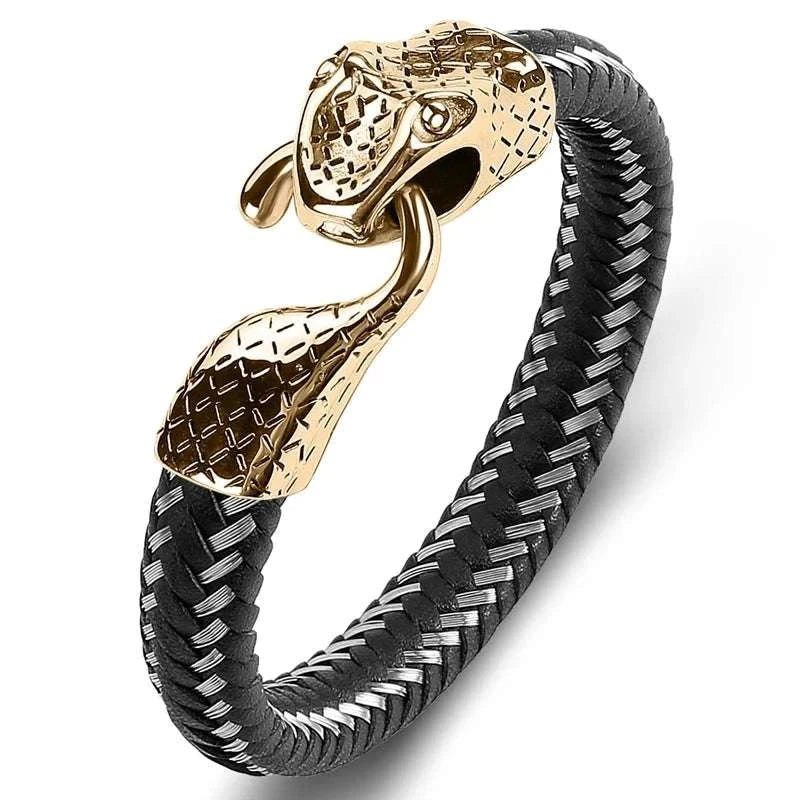 Stylish snake leather bracelet with stainless steel accents.