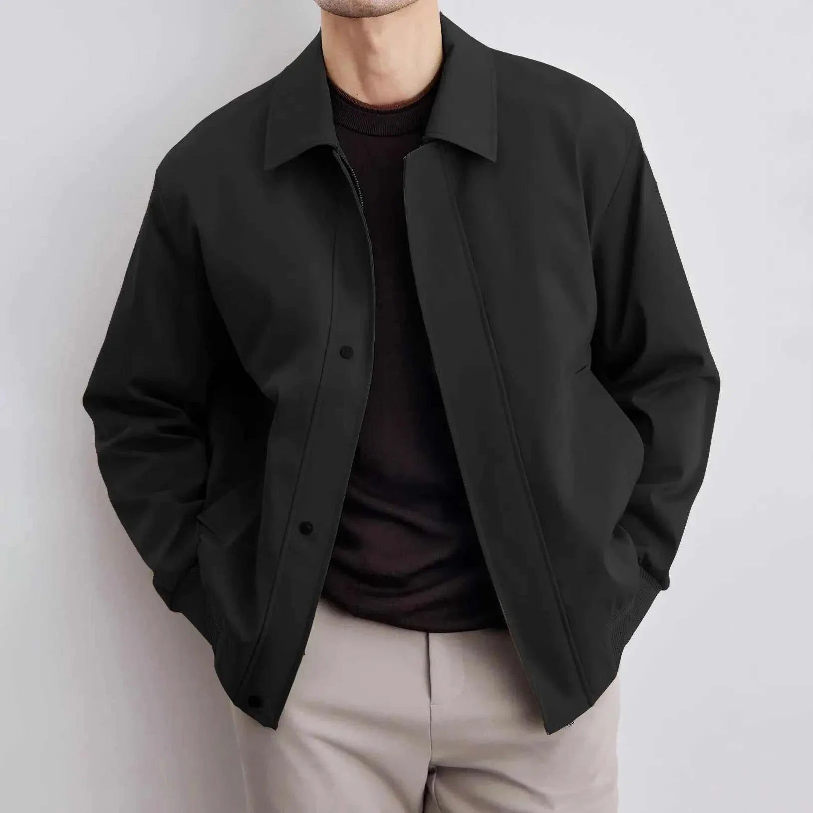 Men's Korean bomber winter jacket in black, cotton and polyester blend.