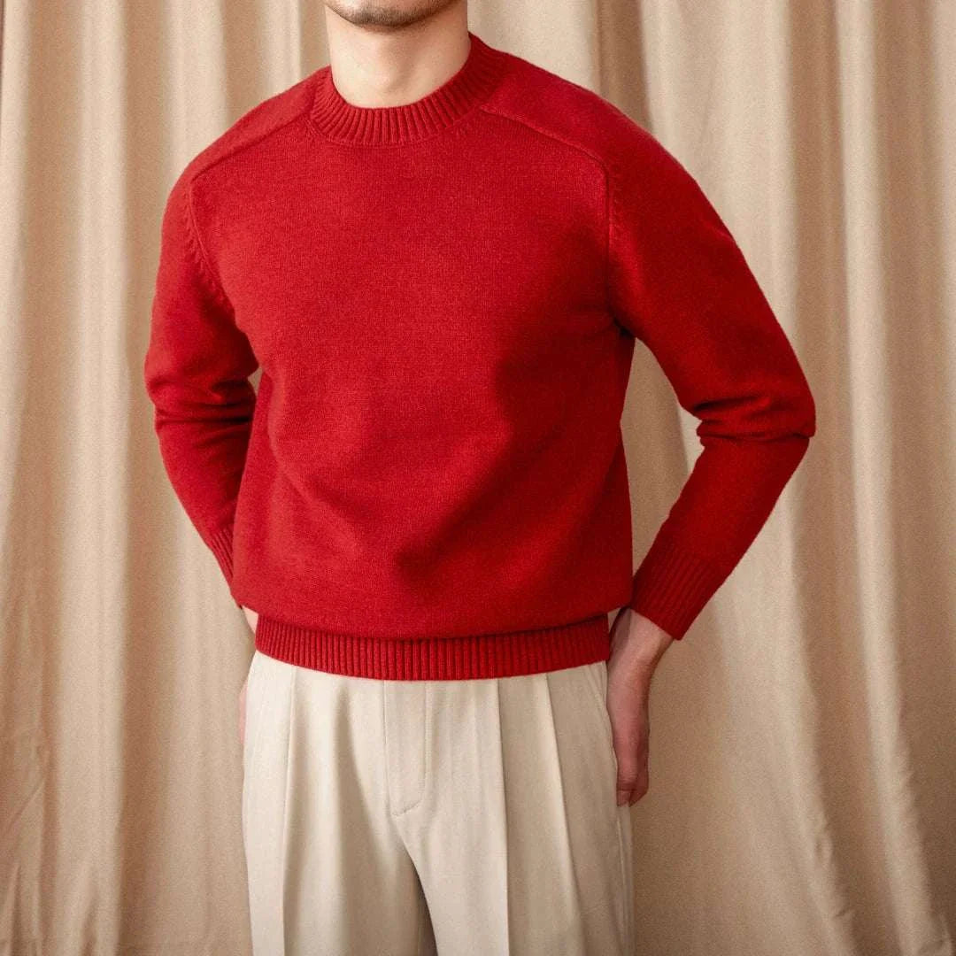 Japanese casual winter sweater in red, made from cotton and wool blend, for men's warmth and style.