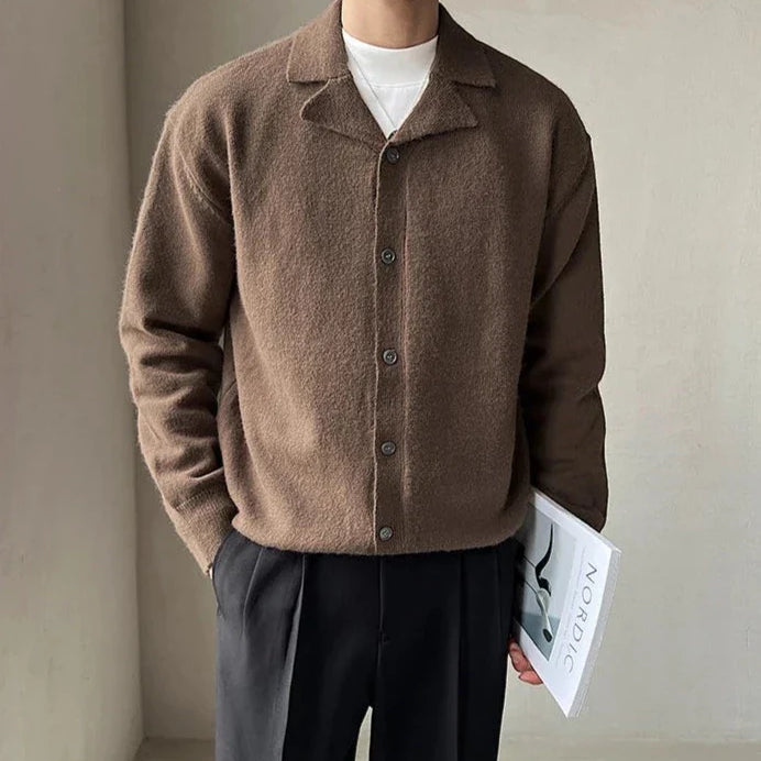 Oxford fall cardigan in brown for men, casual elegant style.