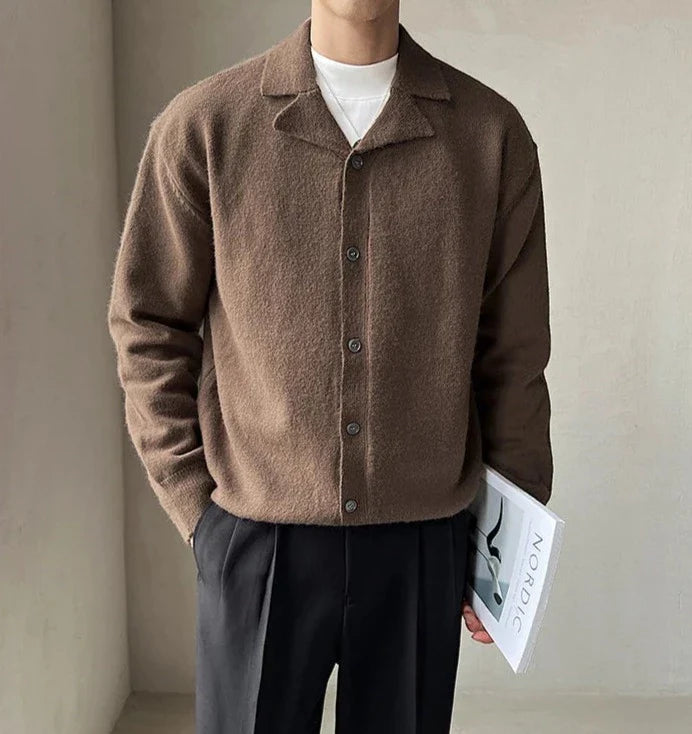 Oxford fall cardigan in brown for men, casual elegant style.