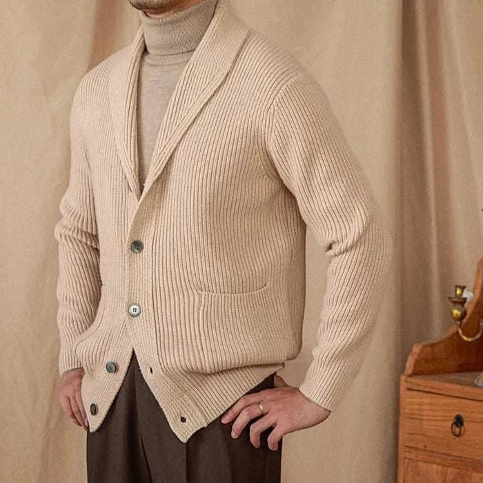 Men's autumn old money cardigan in beige wool with button closure.