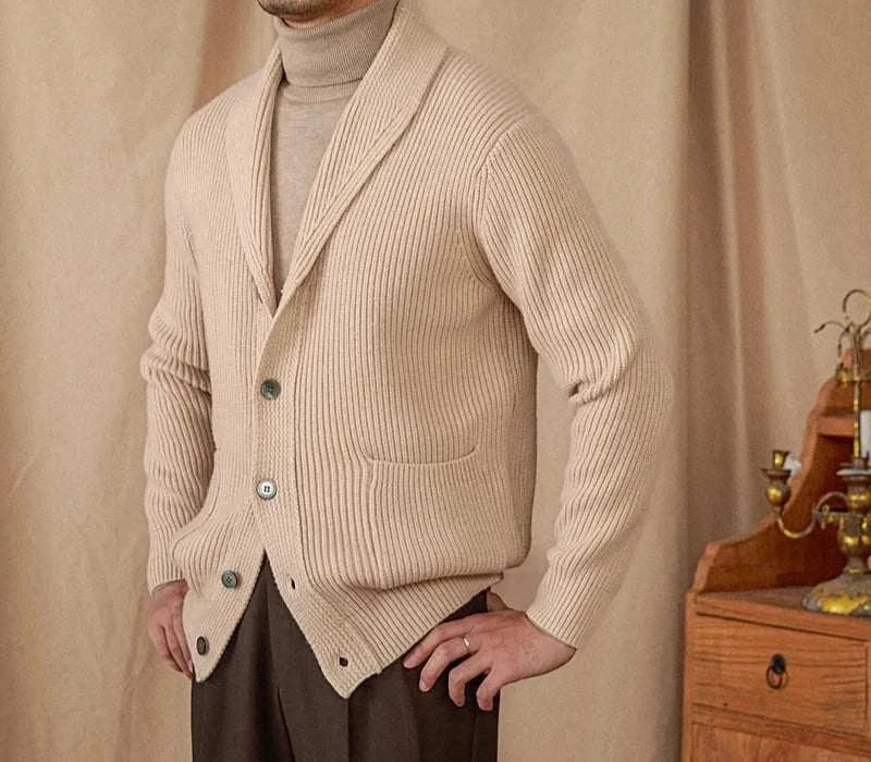 Men's autumn old money cardigan in beige wool with button closure.