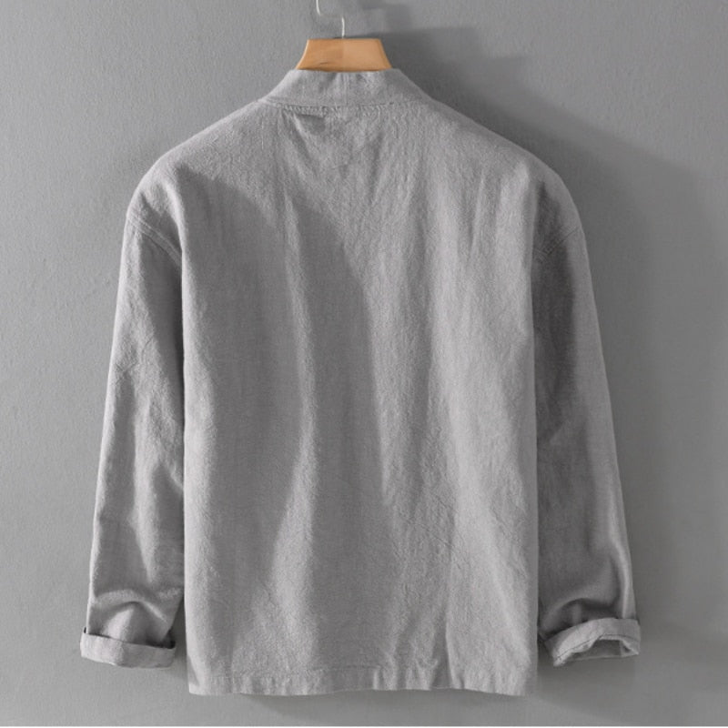 Antonios Linen Long-Sleeved Shirt in gray on hanger, showcasing breathable linen-cotton blend, smart casual style.