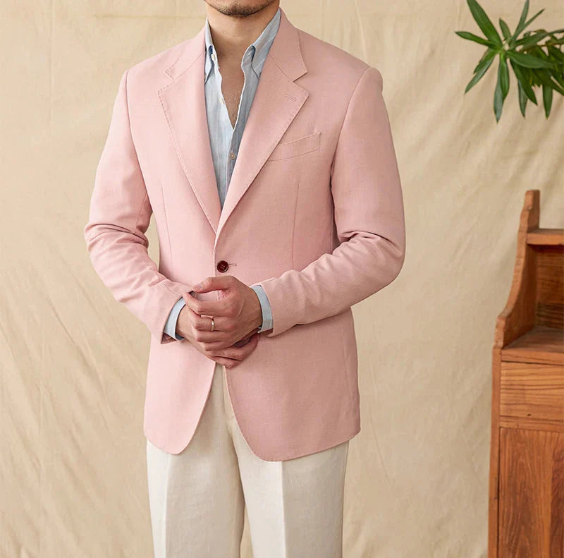 Business linen relaxation jacket for men in light pink, stylish winter wear, polyester material.