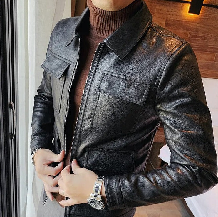 Men's black ECO leather jacket, casual elegant style, comfort and breathable eco-friendly material.