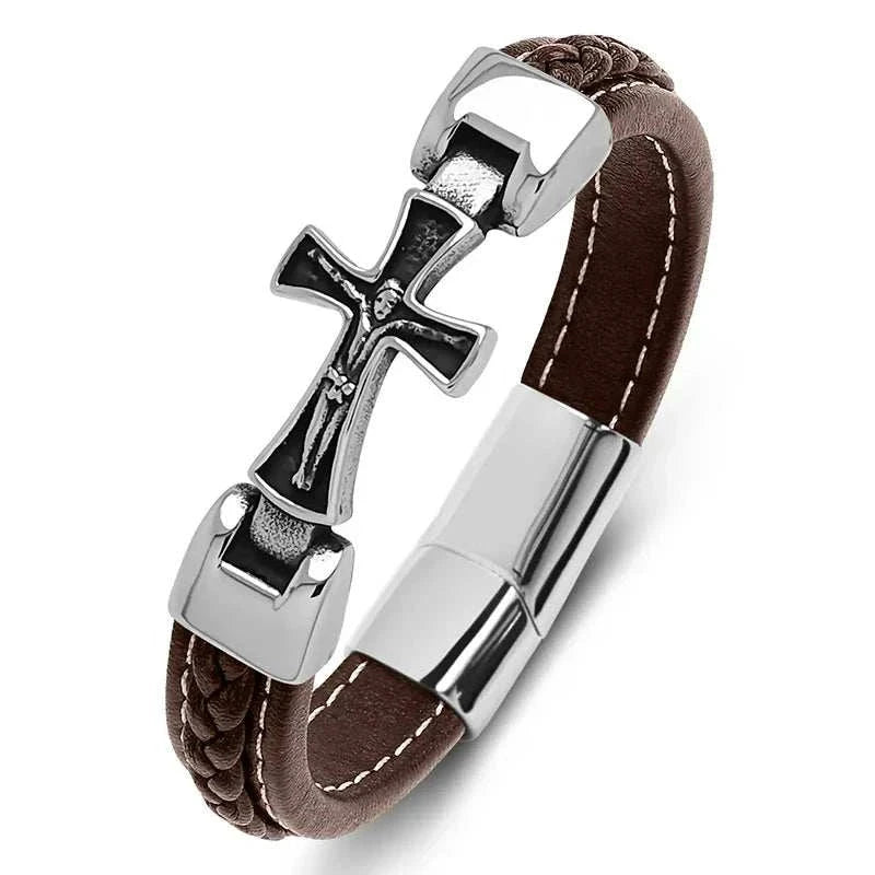 Cross casual leather bracelet with stainless steel cross and PU leather band.