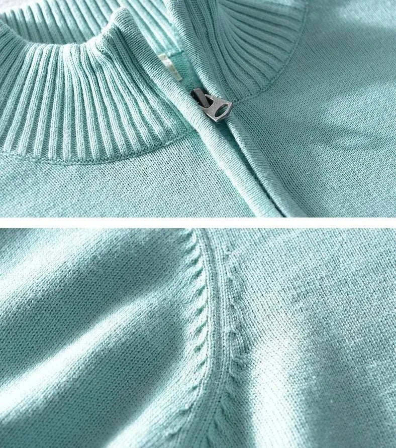 Autumn half zipper cotton sweater in soft teal, showcasing ribbed collar and zipper detail.