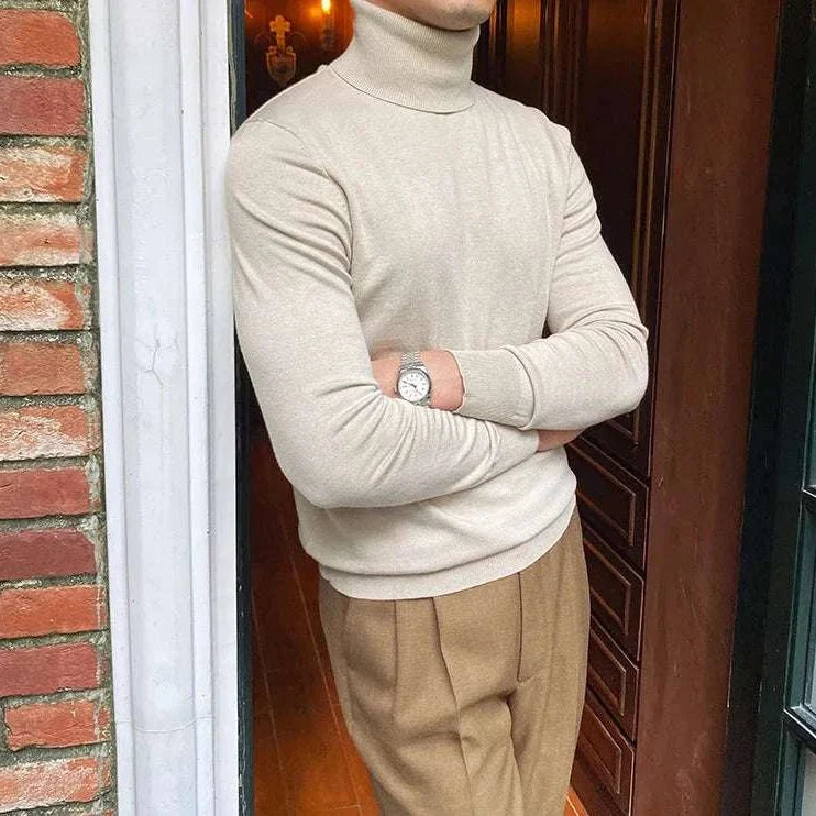 Men's beige turtleneck sweater for business attire.