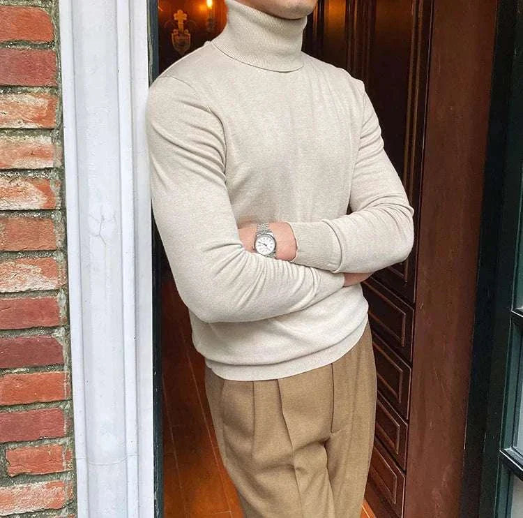 Men's beige turtleneck sweater for business attire.