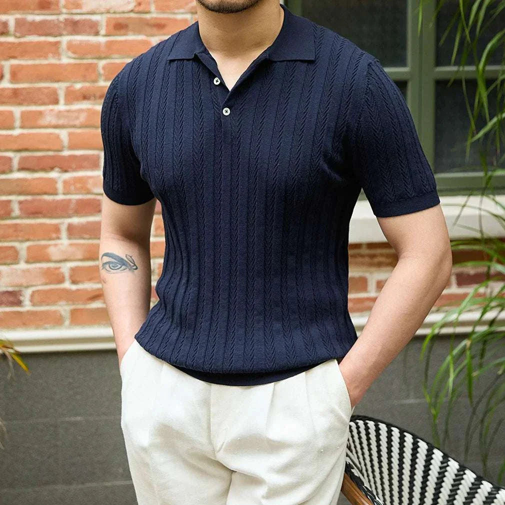 Spring gentleman English t-shirt in navy blue offering comfort and elegance for men's spring and summer wear.