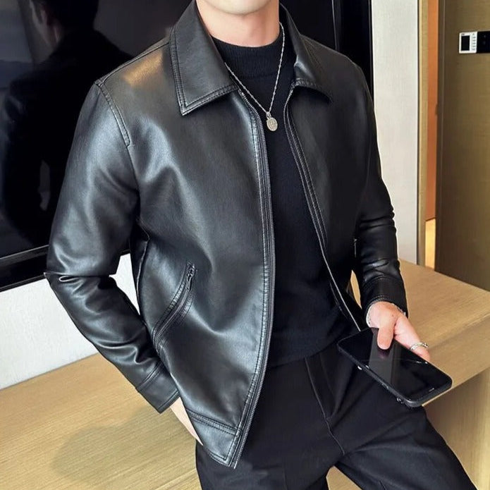 MOTO black leather jacket for men in eco-leather, casual and elegant style.