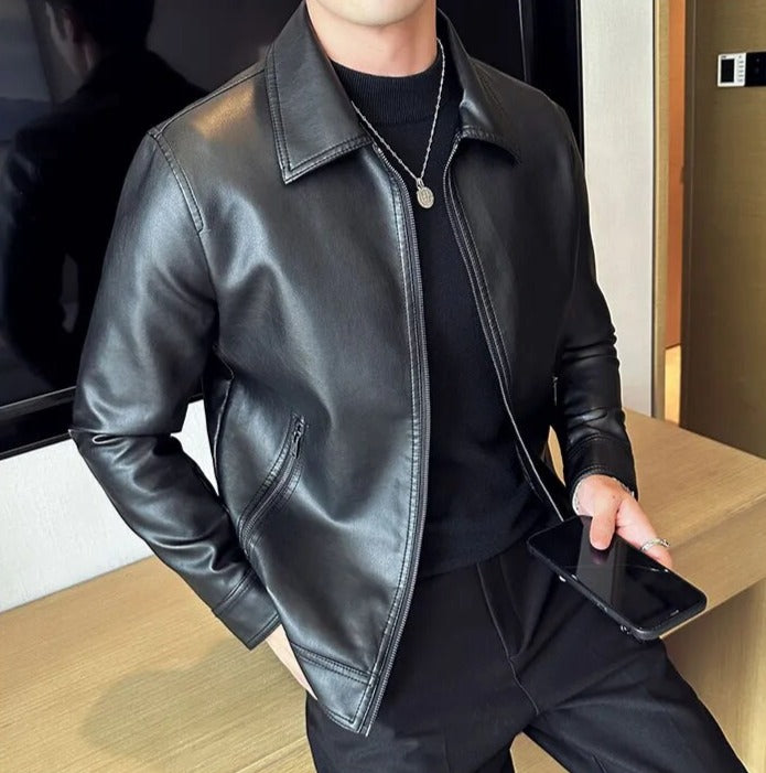 MOTO black leather jacket for men in eco-leather, casual and elegant style.