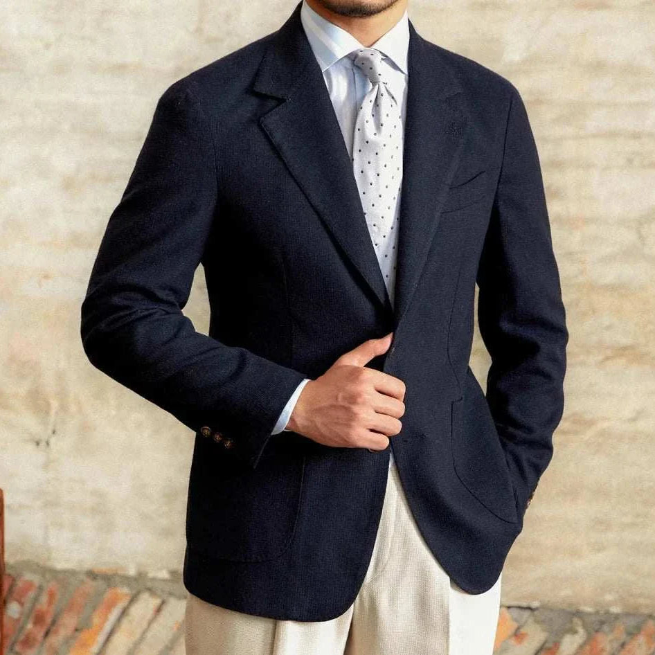 Slim fit cotton-linen blend jacket for men, stylish and comfortable.