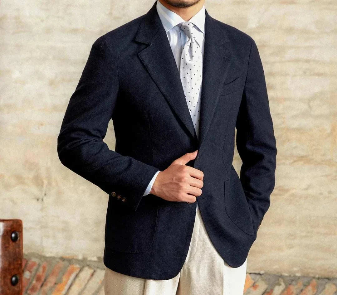 Slim fit cotton-linen blend jacket for men, stylish and comfortable.