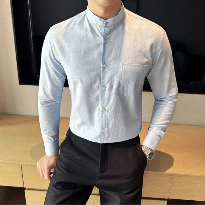 Linen smart casual long-sleeve shirt for men, solid pattern, spring/summer wear.
