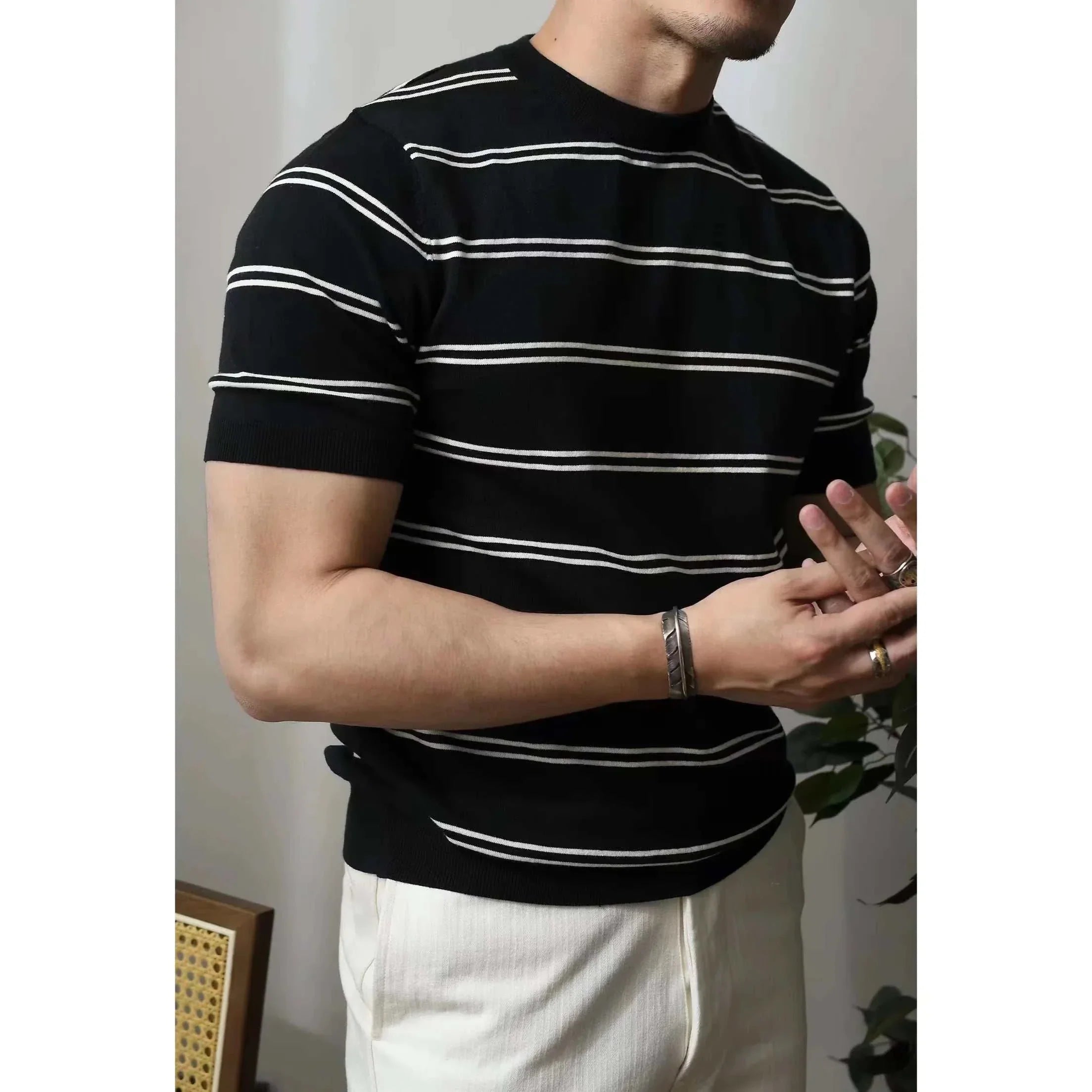 Smart casual striped summer t-shirt for men, black with white stripes.