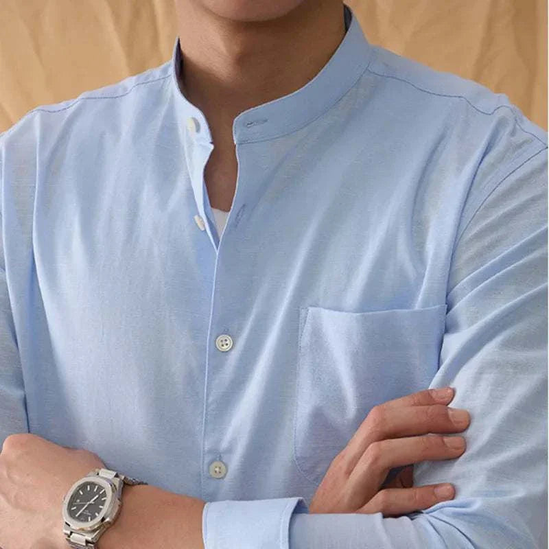 Light blue Antonios cotton-linen long sleeve men's shirt with button details.