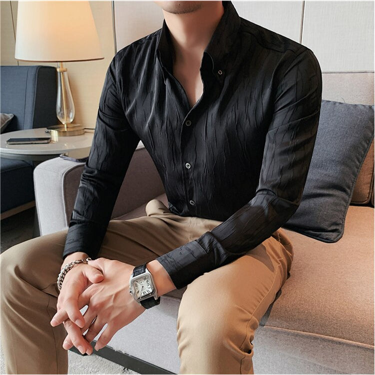 Men's LUXE Long-Sleeve Shirt in black, casual smart fit.